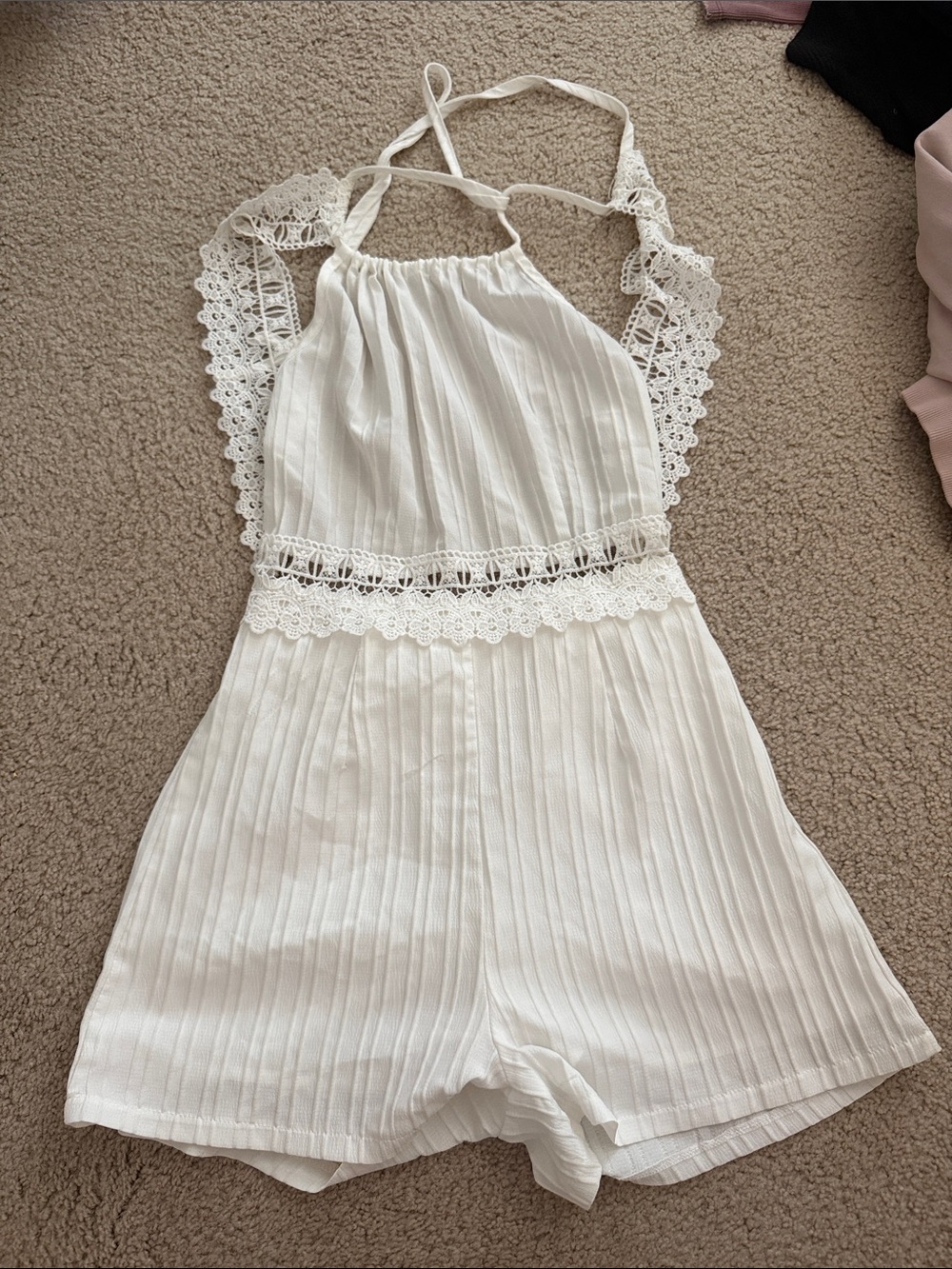 White Lace-Trim Halter Kids One-Piece Romper